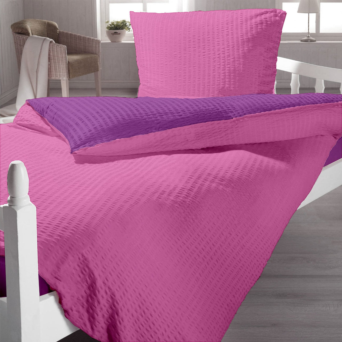 Lenjerie pat 100% bumbac Creponat, bicolor Iris Orchid & Rosebloom