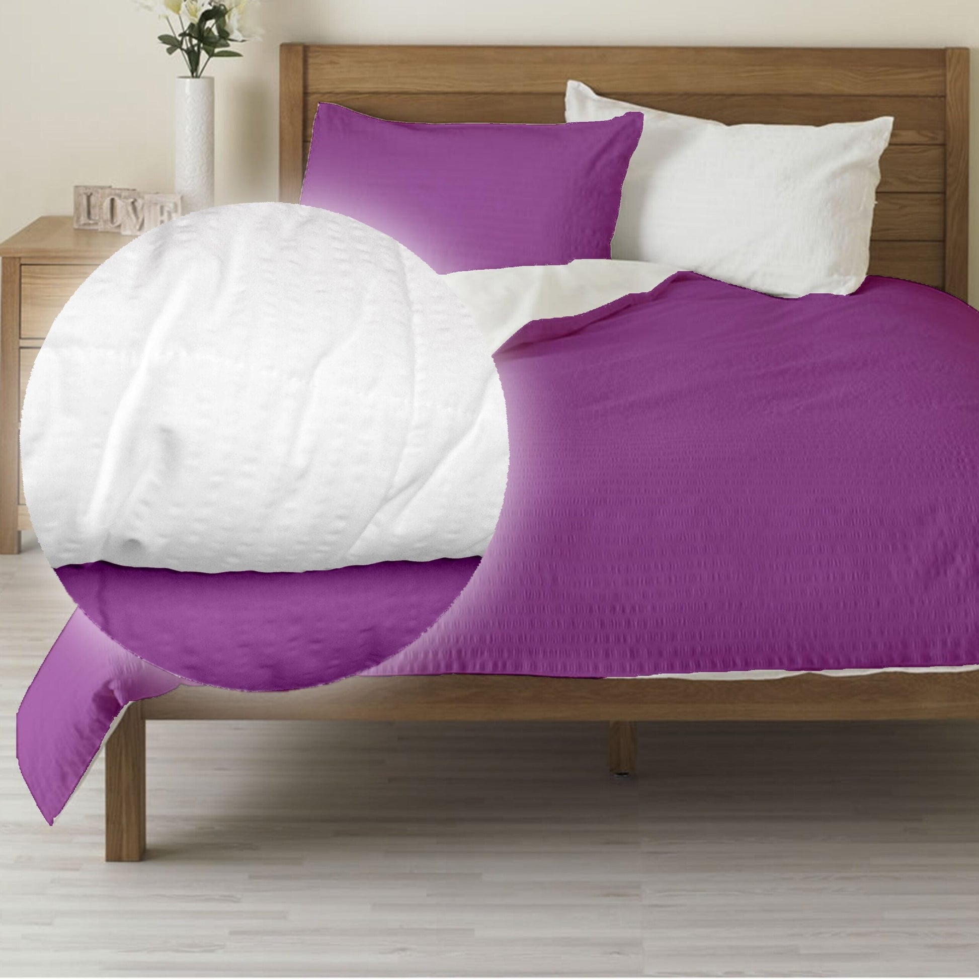 Lenjerie pat 100% bumbac Creponat, bicolor Iris Orchid & White