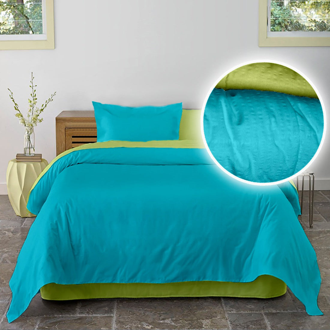 Lenjerie pat Crepe uni Lime & Aquarius