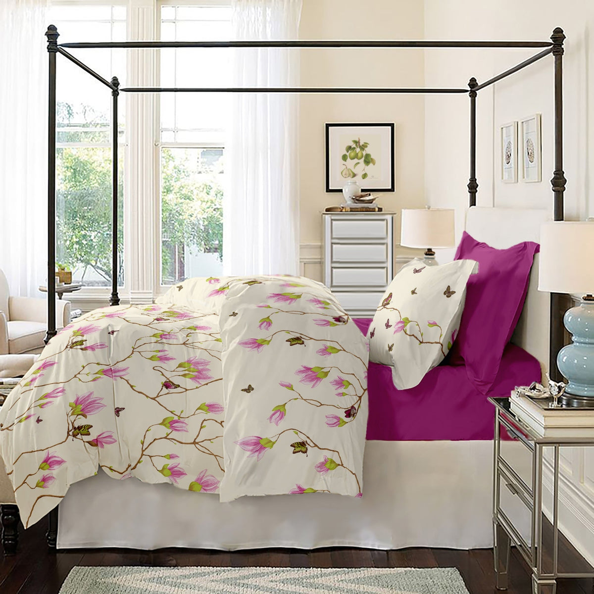Lenjerie pat Renforce 100% bumbac, desen Magnolia v.1 Fuchsia Red
