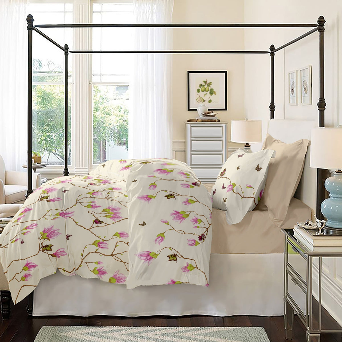 Lenjerie pat Renforce 100% bumbac, desen Magnolia v.1 Honey Peach