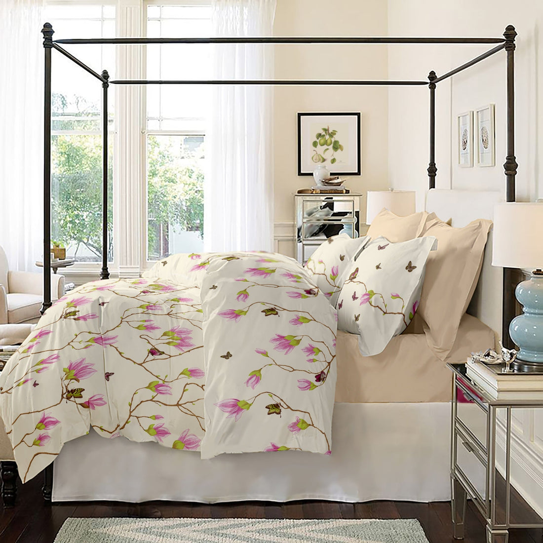 Lenjerie pat Renforce desen Magnolia Butterfly v.2, bumbac 100%
