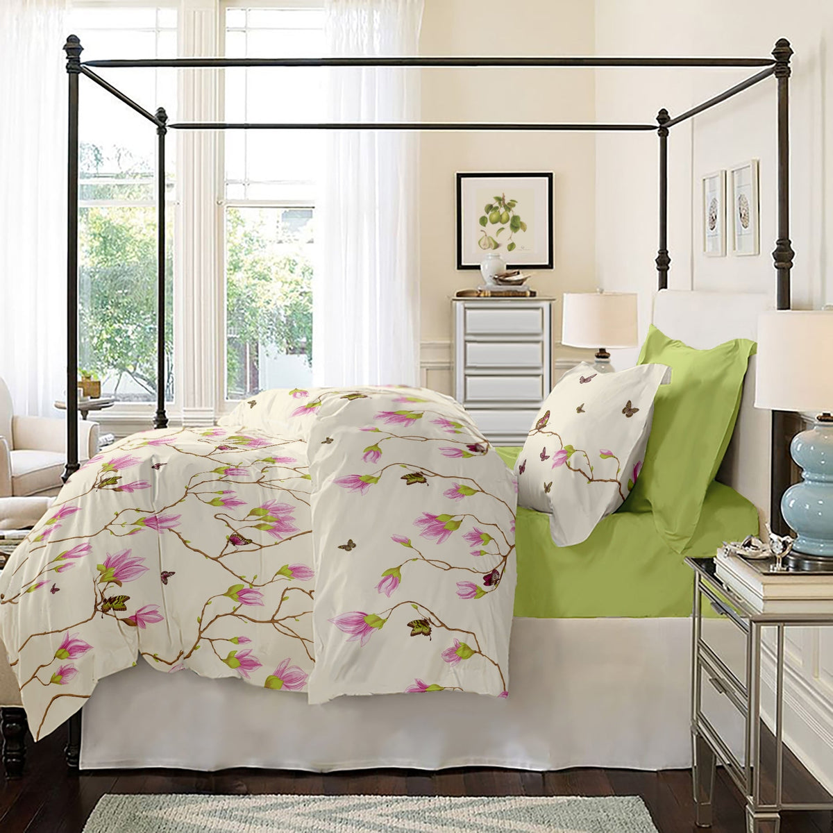 Lenjerie pat Renforce desen Magnolia v.1 Lime