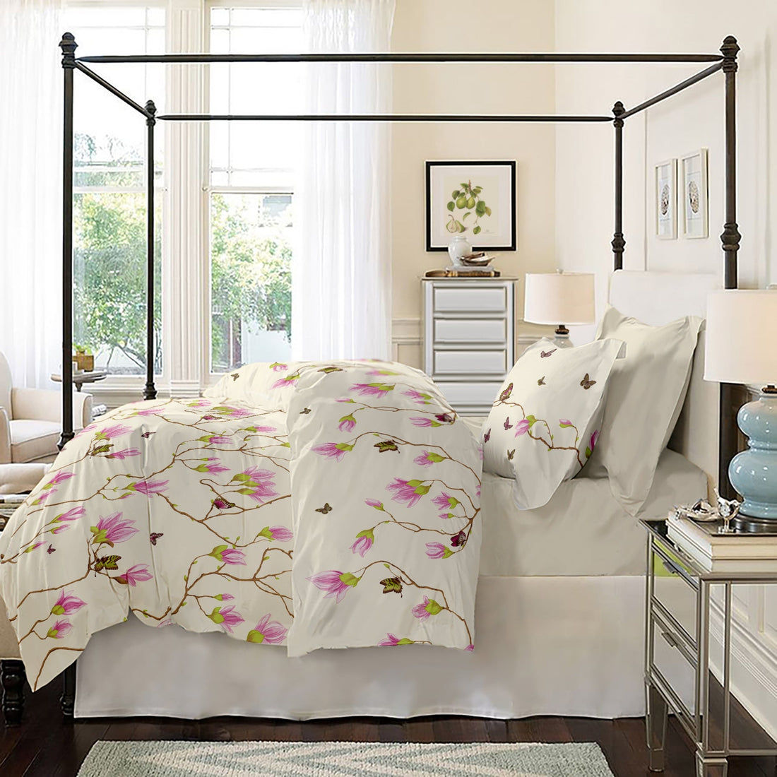 Lenjerie pat Renforce desen Magnolia v.1 Vanilla
