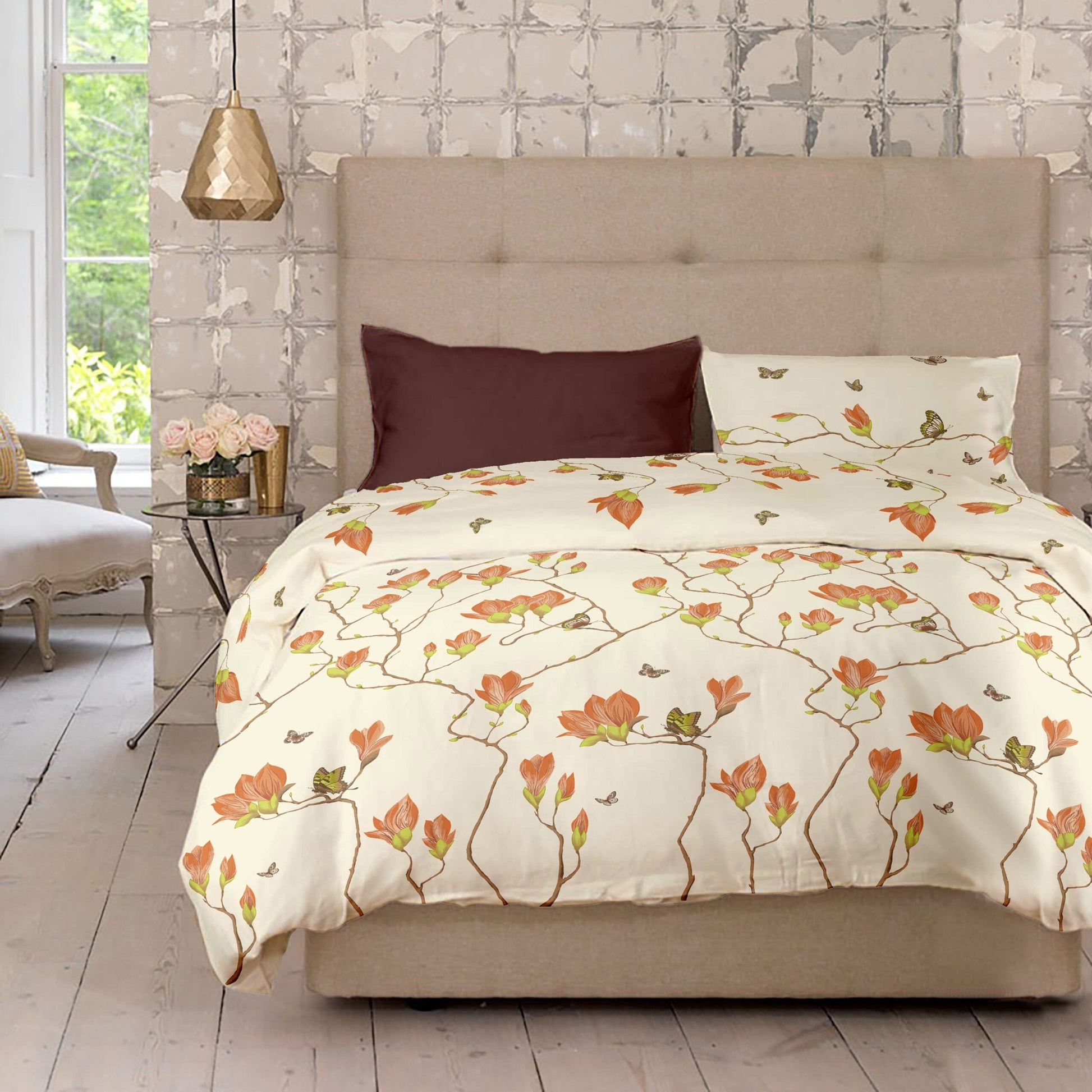 Lenjerie pat Renforce 100% bumbac, desen Magnolia v.2 Moka