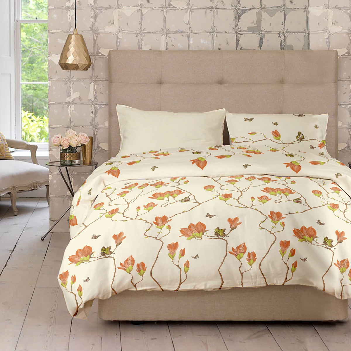Lenjerie pat Renforce desen Magnolia v.2 Vanilla