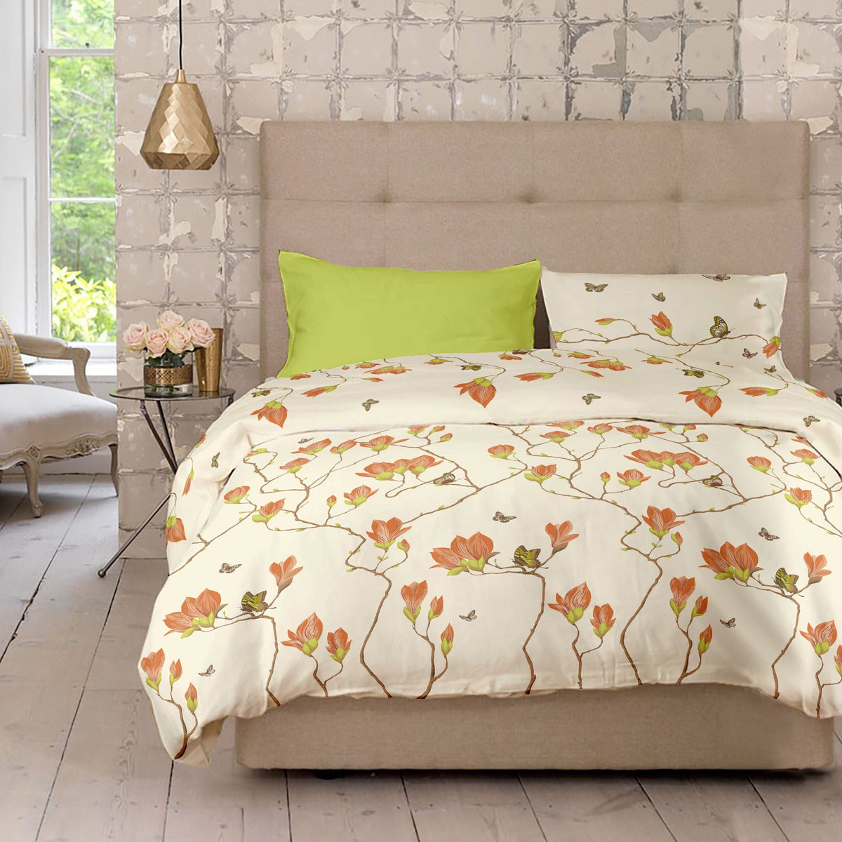 Lenjerie pat Renforce desen Magnolia v.2 Lime