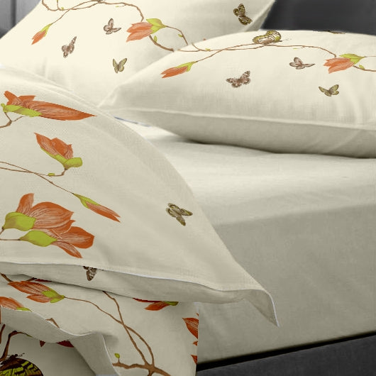 Lenjerie pat Renforce desen Magnolia Butterfly v.2 Vanilla,bumbac 100%