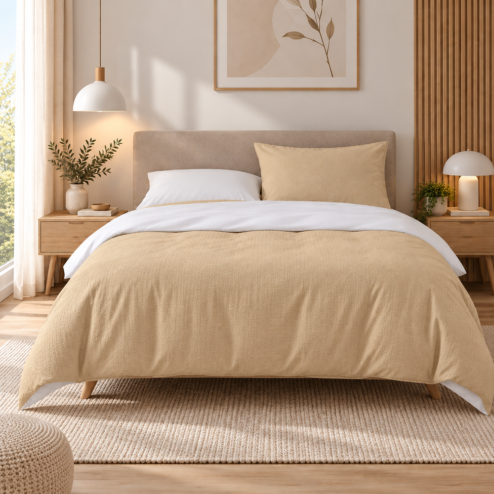 100% crepe cotton bedding set, two-tone Honey Peach & White