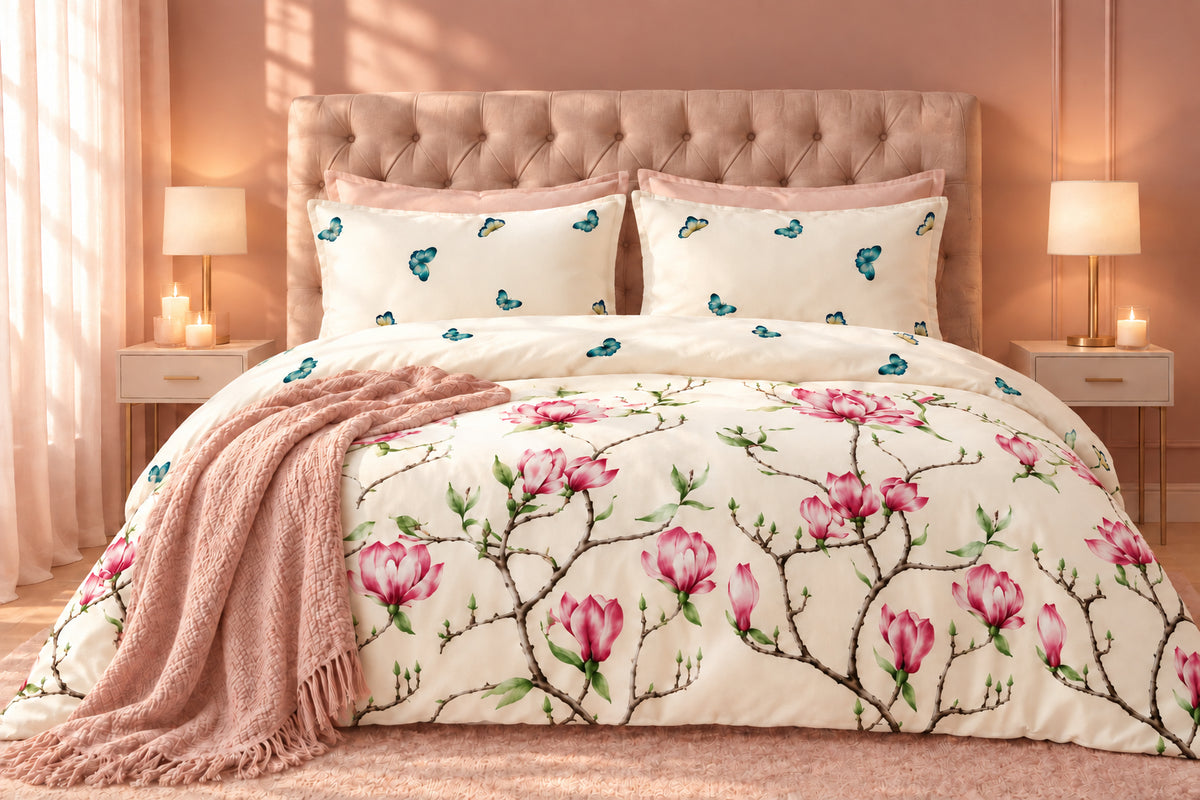 Lenjerie pat Renforce 100% bumbac desen Magnolia Tree 01 pentru pat dublu